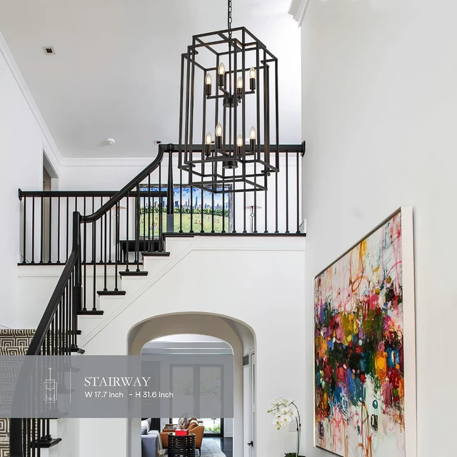 Alt view image 3 of 7 - 8-Light Lantern Tiered Pendant Light Fixtures, Black Metal Farmhouse Chandelier Hall Foyer Hanging Chandelier for Kitchen Island Dining Room Living Room Foyer Entryway, Black