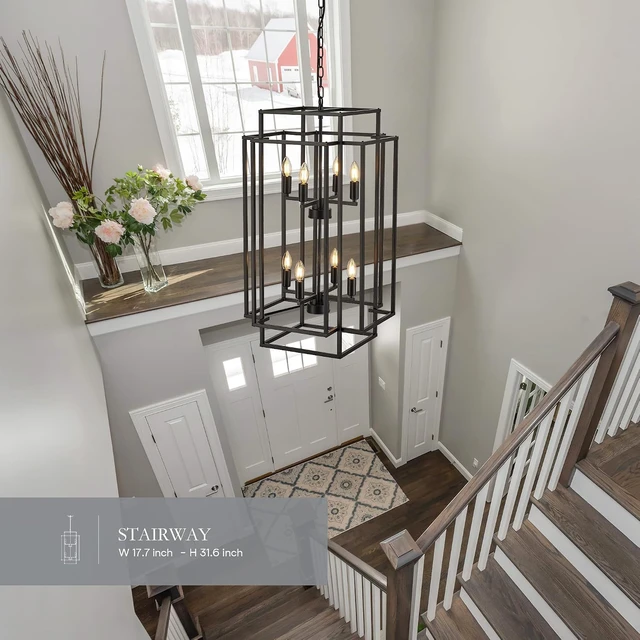 Alt view image 4 of 7 - 8-Light Lantern Tiered Pendant Light Fixtures, Black Metal Farmhouse Chandelier Hall Foyer Hanging Chandelier for Kitchen Island Dining Room Living Room Foyer Entryway, Black