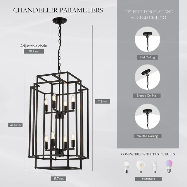 Alt view image 2 of 7 - 8-Light Lantern Tiered Pendant Light Fixtures, Black Metal Farmhouse Chandelier Hall Foyer Hanging Chandelier for Kitchen Island Dining Room Living Room Foyer Entryway, Black