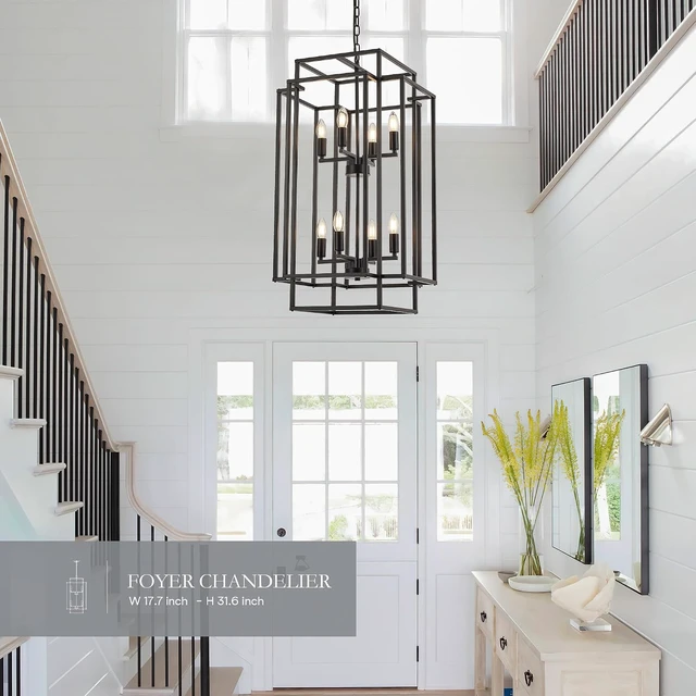 Alt view image 5 of 7 - 8-Light Lantern Tiered Pendant Light Fixtures, Black Metal Farmhouse Chandelier Hall Foyer Hanging Chandelier for Kitchen Island Dining Room Living Room Foyer Entryway, Black