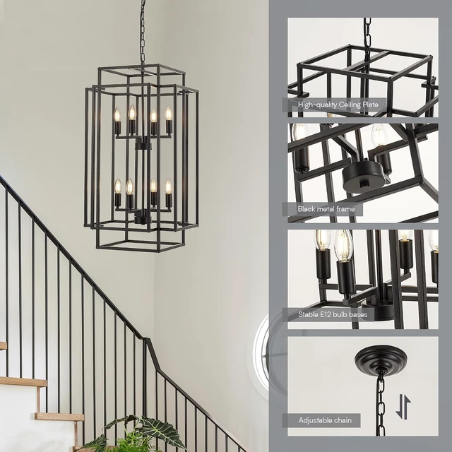 Alt view image 7 of 7 - 8-Light Lantern Tiered Pendant Light Fixtures, Black Metal Farmhouse Chandelier Hall Foyer Hanging Chandelier for Kitchen Island Dining Room Living Room Foyer Entryway, Black