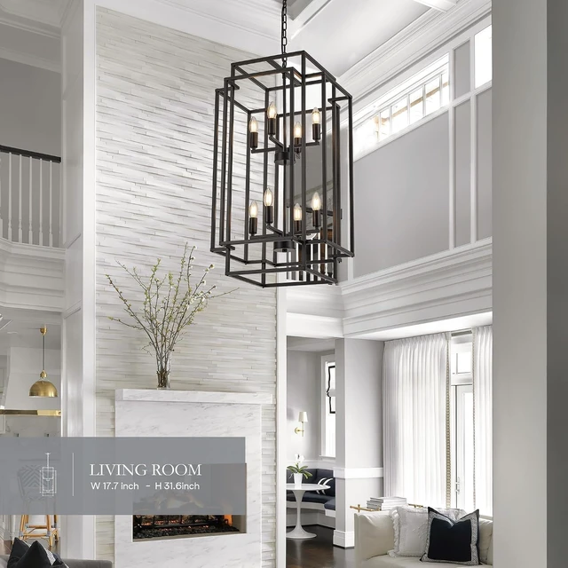 Alt view image 6 of 7 - 8-Light Lantern Tiered Pendant Light Fixtures, Black Metal Farmhouse Chandelier Hall Foyer Hanging Chandelier for Kitchen Island Dining Room Living Room Foyer Entryway, Black