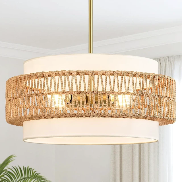 Main image of 19.7" Rattan Chandelier for Dining Room, 4-Light Boho Pendant Hanging Light