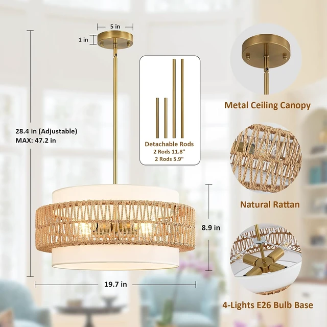 Alt view image 2 of 7 - 19.7" Rattan Chandelier for Dining Room, 4-Light Boho Pendant Hanging Light