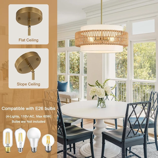 Alt view image 4 of 7 - 19.7" Rattan Chandelier for Dining Room, 4-Light Boho Pendant Hanging Light
