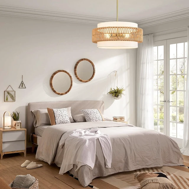 Alt view image 3 of 7 - 19.7" Rattan Chandelier for Dining Room, 4-Light Boho Pendant Hanging Light