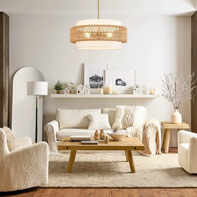 Alt view image 7 of 7 - 19.7" Rattan Chandelier for Dining Room, 4-Light Boho Pendant Hanging Light