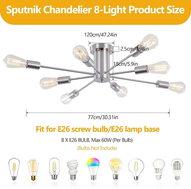 Alt view image 3 of 7 - Modern Sputnik Chandelier, 8-Light Ceiling Light Fixture - E26 Base