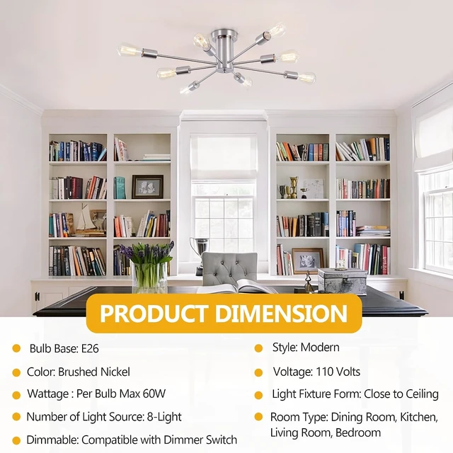 Alt view image 7 of 7 - Modern Sputnik Chandelier, 8-Light Ceiling Light Fixture - E26 Base