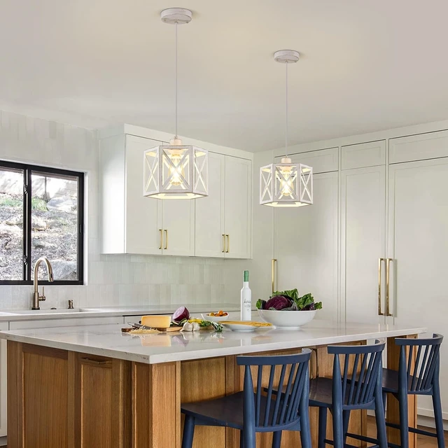 Alt view image 2 of 7 - XSDeTu 2 Pack Pendant Lights for Kitchen Island, Modern Pendant Lighting with White Hexagonal Cage, Vintage Metal Ceiling Lights, Adjustable Lantern Hanging Light Fixture for Foyer Entryway Bedroom