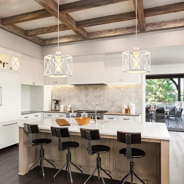 Alt view image 7 of 7 - XSDeTu 2 Pack Pendant Lights for Kitchen Island, Modern Pendant Lighting with White Hexagonal Cage, Vintage Metal Ceiling Lights, Adjustable Lantern Hanging Light Fixture for Foyer Entryway Bedroom