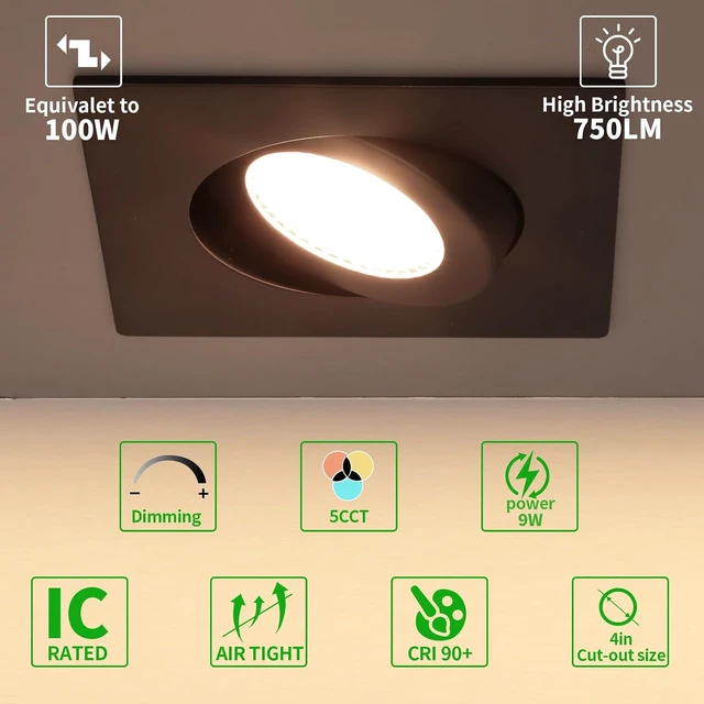 Alt view image 6 of 7 - KnLnny Ware Black Square Gimbal Recessed Spot Lights 4 Inch 6 Pack,dimmable
