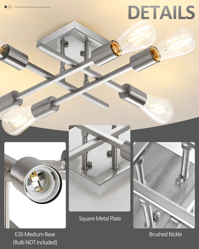 Alt view image 2 of 7 - 6-Light Semi Flush Mount Ceiling Light Fixture, Modern Brushed Nickel Sputnik Chandelier Lighting, Farmhouse E26 Stock Ceiling Lamp Kitchen Bedroom Living Room Entryway, Bulbs Not Included