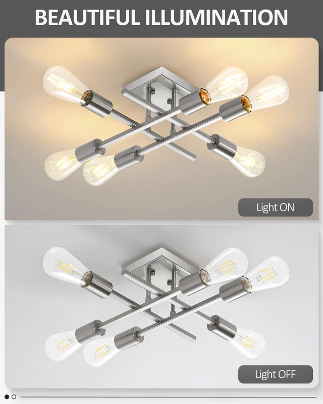 Alt view image 3 of 7 - 6-Light Semi Flush Mount Ceiling Light Fixture, Modern Brushed Nickel Sputnik Chandelier Lighting, Farmhouse E26 Stock Ceiling Lamp Kitchen Bedroom Living Room Entryway, Bulbs Not Included