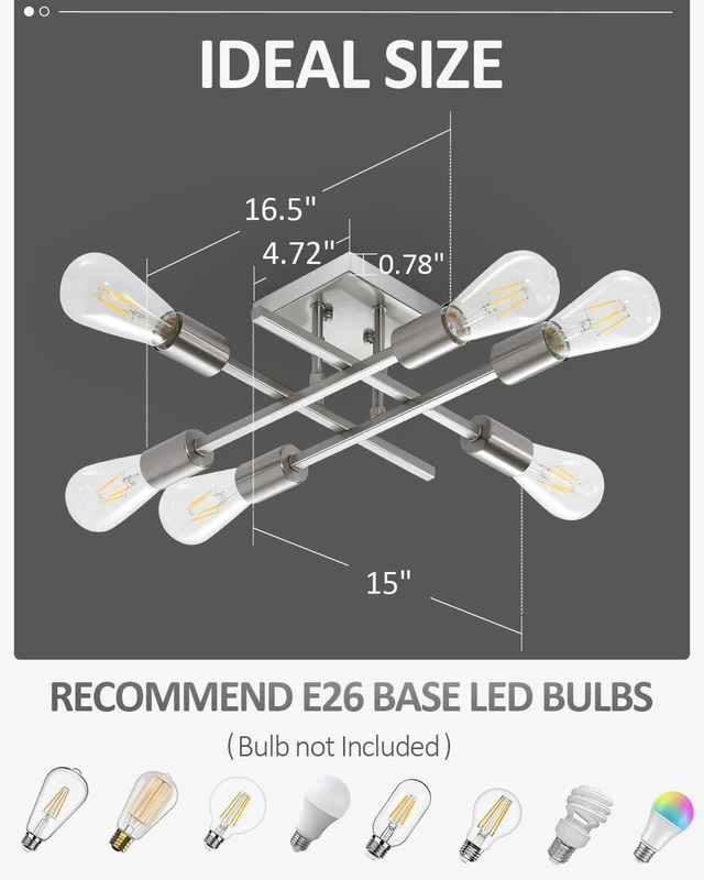Alt view image 5 of 7 - 6-Light Semi Flush Mount Ceiling Light Fixture, Modern Brushed Nickel Sputnik Chandelier Lighting, Farmhouse E26 Stock Ceiling Lamp Kitchen Bedroom Living Room Entryway, Bulbs Not Included