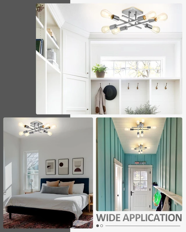 Alt view image 4 of 7 - 6-Light Semi Flush Mount Ceiling Light Fixture, Modern Brushed Nickel Sputnik Chandelier Lighting, Farmhouse E26 Stock Ceiling Lamp Kitchen Bedroom Living Room Entryway, Bulbs Not Included