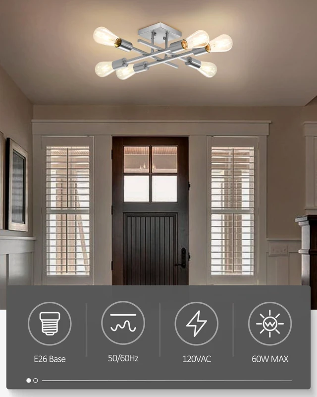 Alt view image 6 of 7 - 6-Light Semi Flush Mount Ceiling Light Fixture, Modern Brushed Nickel Sputnik Chandelier Lighting, Farmhouse E26 Stock Ceiling Lamp Kitchen Bedroom Living Room Entryway, Bulbs Not Included