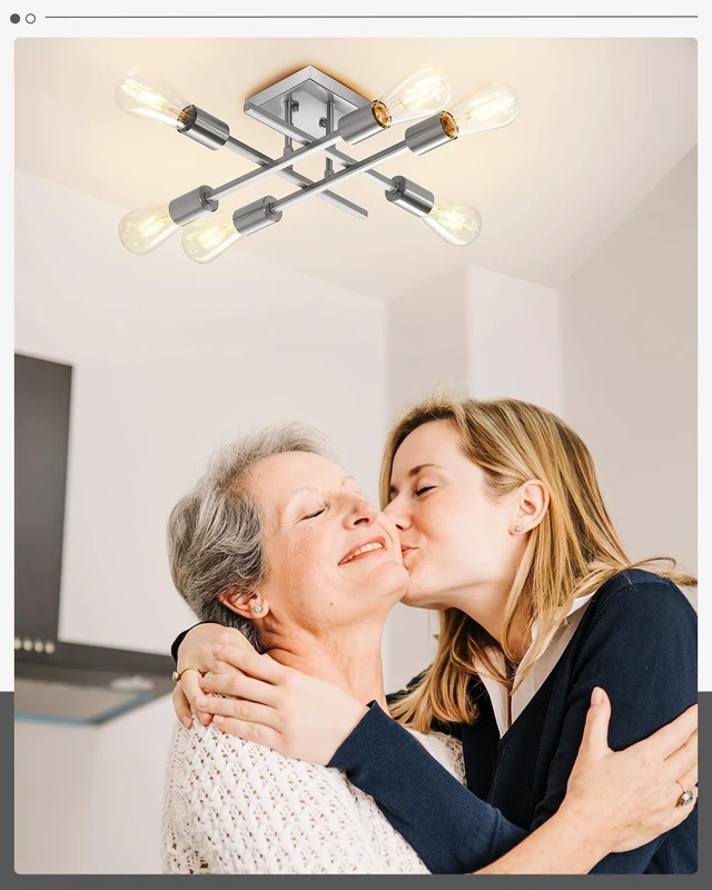 Alt view image 7 of 7 - 6-Light Semi Flush Mount Ceiling Light Fixture, Modern Brushed Nickel Sputnik Chandelier Lighting, Farmhouse E26 Stock Ceiling Lamp Kitchen Bedroom Living Room Entryway, Bulbs Not Included