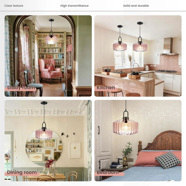 Alt view image 5 of 7 - Pink Pendant Lights Fixture Mid Century Modern Pendant Lighting Large Glass Globe Shade Adjustable Cord Pendant Light Vintage Ceiling Hanging Lights for Dining Room Kitchen Island