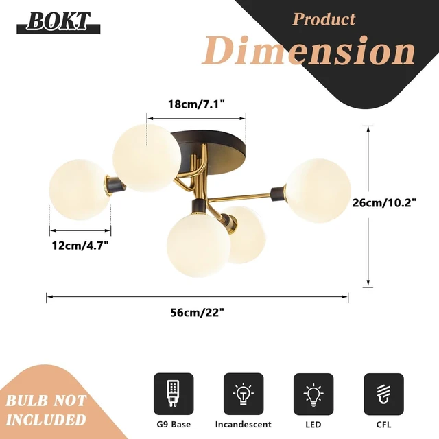 Alt view image 2 of 7 - BOKT Mid Century Modern 5 Lights Milk Glass Globe Ceiling Light Black and Brass Semi Flush Mount Bathroom Sputnik Ceiling Light Fixture Vintage Close to Ceiling Dining Room Hallway Lighting