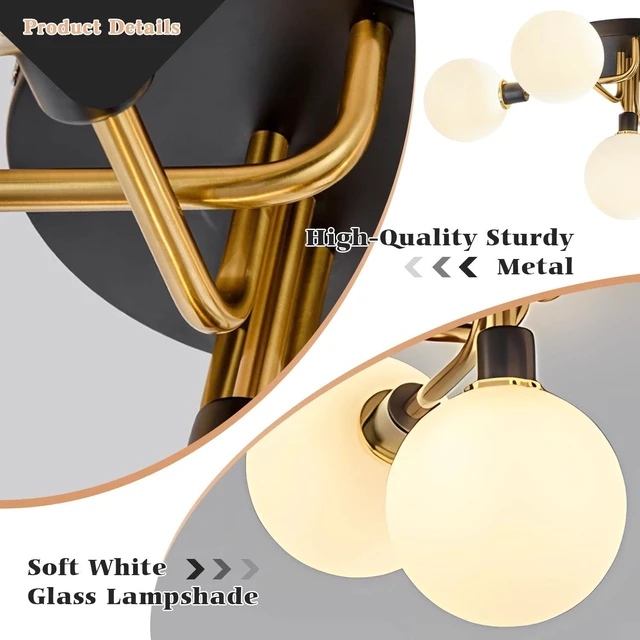 Alt view image 3 of 7 - BOKT Mid Century Modern 5 Lights Milk Glass Globe Ceiling Light Black and Brass Semi Flush Mount Bathroom Sputnik Ceiling Light Fixture Vintage Close to Ceiling Dining Room Hallway Lighting