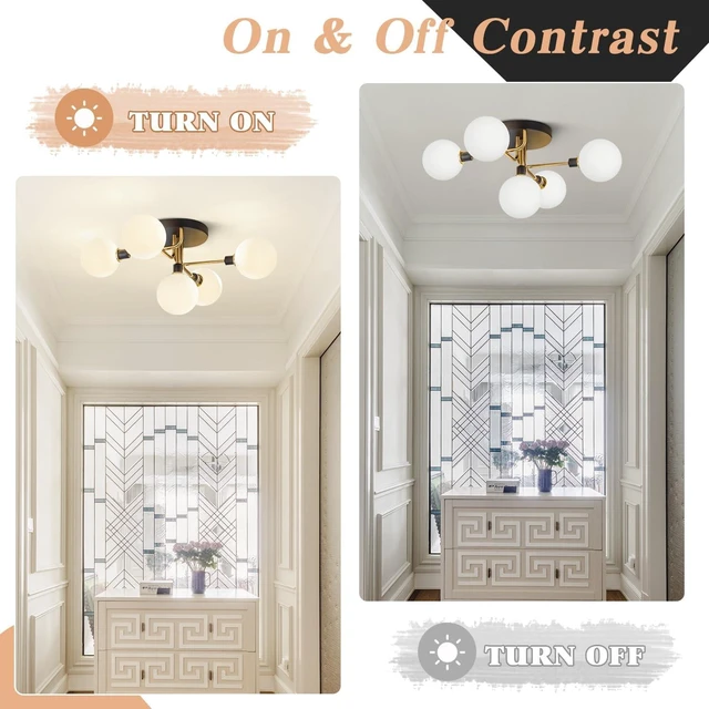 Alt view image 4 of 7 - BOKT Mid Century Modern 5 Lights Milk Glass Globe Ceiling Light Black and Brass Semi Flush Mount Bathroom Sputnik Ceiling Light Fixture Vintage Close to Ceiling Dining Room Hallway Lighting
