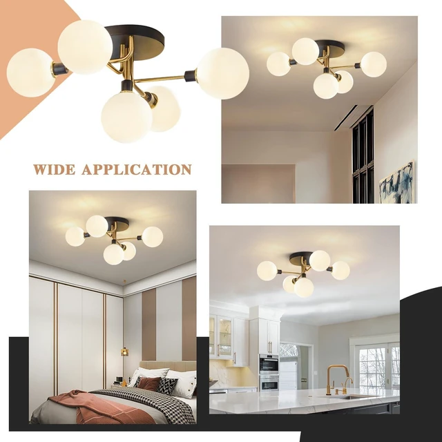 Alt view image 5 of 7 - BOKT Mid Century Modern 5 Lights Milk Glass Globe Ceiling Light Black and Brass Semi Flush Mount Bathroom Sputnik Ceiling Light Fixture Vintage Close to Ceiling Dining Room Hallway Lighting