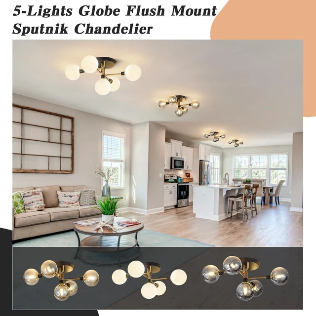Alt view image 6 of 7 - BOKT Mid Century Modern 5 Lights Milk Glass Globe Ceiling Light Black and Brass Semi Flush Mount Bathroom Sputnik Ceiling Light Fixture Vintage Close to Ceiling Dining Room Hallway Lighting