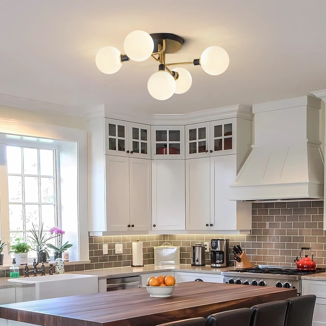 Alt view image 7 of 7 - BOKT Mid Century Modern 5 Lights Milk Glass Globe Ceiling Light Black and Brass Semi Flush Mount Bathroom Sputnik Ceiling Light Fixture Vintage Close to Ceiling Dining Room Hallway Lighting