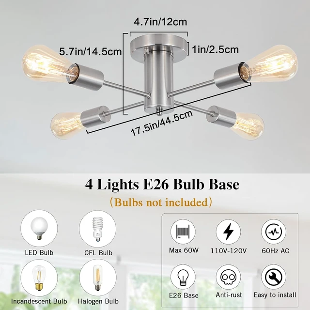 Alt view image 4 of 7 - Sputnik Chandelier 4 Lights Mid Century Brushed Nickel Light Fixture