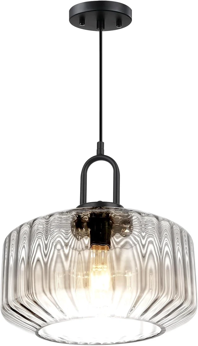Main image of Clear Glass Pendant Light Fixture Kitchen Island Farmhouse Dining Room Pendant Lights Striped Wave Globe Lamp Shade Black Metal Light fixtures Modern Glass Ceiling Hanging Lighting