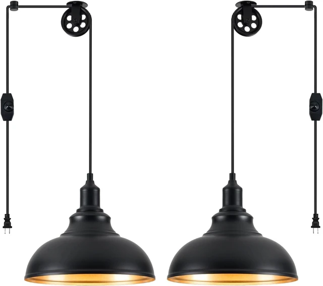 Main image of Black Pendant Light Hanging Lamps for Living Room Plug in 15FT Dimmable Switch Adjustable Pulley Hanging Lights with Cord for Kitchen Bedroom 2 Pack