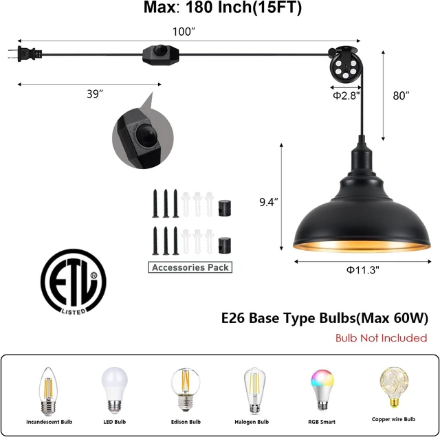 Alt view image 2 of 7 - Black Pendant Light Hanging Lamps for Living Room Plug in 15FT Dimmable Switch Adjustable Pulley Hanging Lights with Cord for Kitchen Bedroom 2 Pack