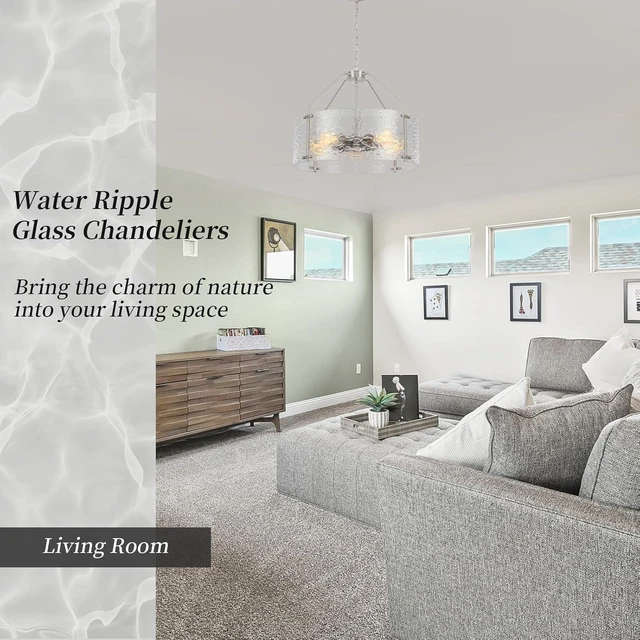 Alt view image 2 of 7 - Glass Drum Chandelier for Dining Room 20'' Brushed Nickel Living Room Light Fixture 5-Light Kitchen Chandeliers Over Table Bedroom Light Fixture for Dining Room Hallway Foyer Kitchen