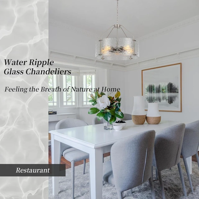 Alt view image 6 of 7 - Glass Drum Chandelier for Dining Room 20'' Brushed Nickel Living Room Light Fixture 5-Light Kitchen Chandeliers Over Table Bedroom Light Fixture for Dining Room Hallway Foyer Kitchen