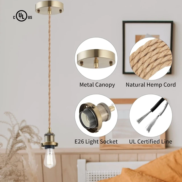 Alt view image 3 of 7 - Industrial Mini Pendant Light Kit, E26 Socket Pendant Hanging Light, Hemp Rope Vintage Hanging Pendant Light Cord, Adjustable Pendant Lights Ceiling Mount Kitchen Island Farmhouse