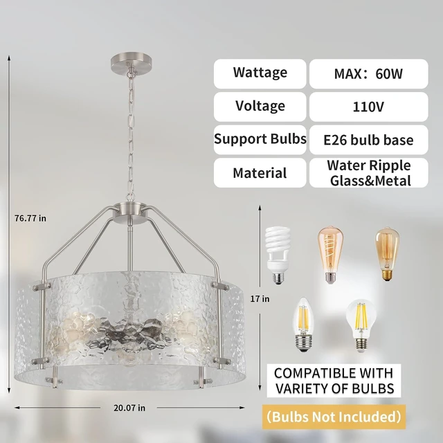 Alt view image 5 of 7 - Glass Drum Chandelier for Dining Room 20'' Brushed Nickel Living Room Light Fixture 5-Light Kitchen Chandeliers Over Table Bedroom Light Fixture for Dining Room Hallway Foyer Kitchen