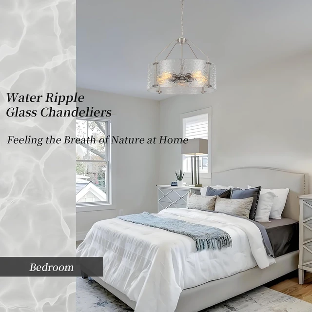 Alt view image 7 of 7 - Glass Drum Chandelier for Dining Room 20'' Brushed Nickel Living Room Light Fixture 5-Light Kitchen Chandeliers Over Table Bedroom Light Fixture for Dining Room Hallway Foyer Kitchen