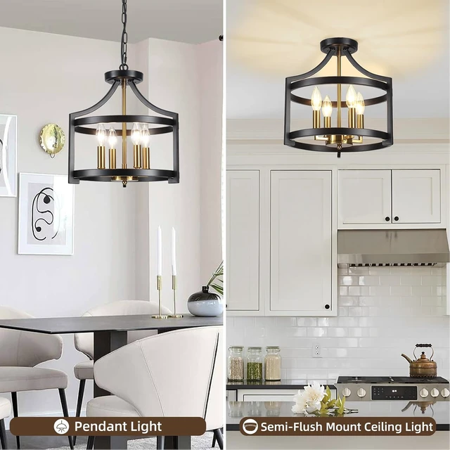 Alt view image 3 of 7 - Farmhouse Dining Room Light Fixture 4 Lights Black and Gold Chandelier