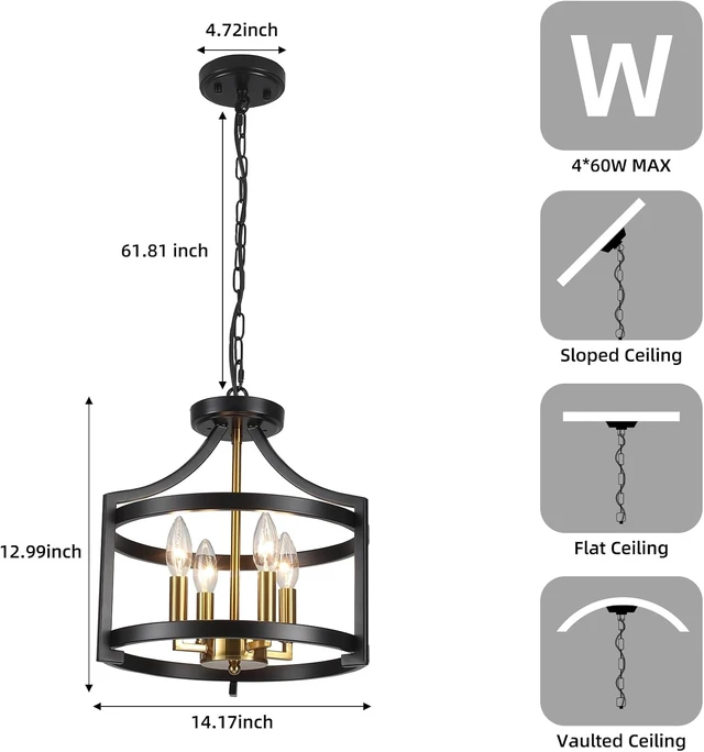 Alt view image 5 of 7 - Farmhouse Dining Room Light Fixture 4 Lights Black and Gold Chandelier