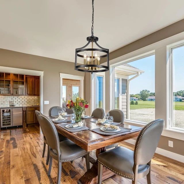 Alt view image 6 of 7 - Farmhouse Dining Room Light Fixture 4 Lights Black and Gold Chandelier