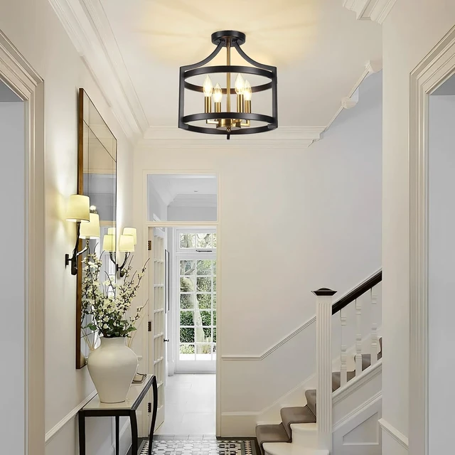 Alt view image 7 of 7 - Farmhouse Dining Room Light Fixture 4 Lights Black and Gold Chandelier