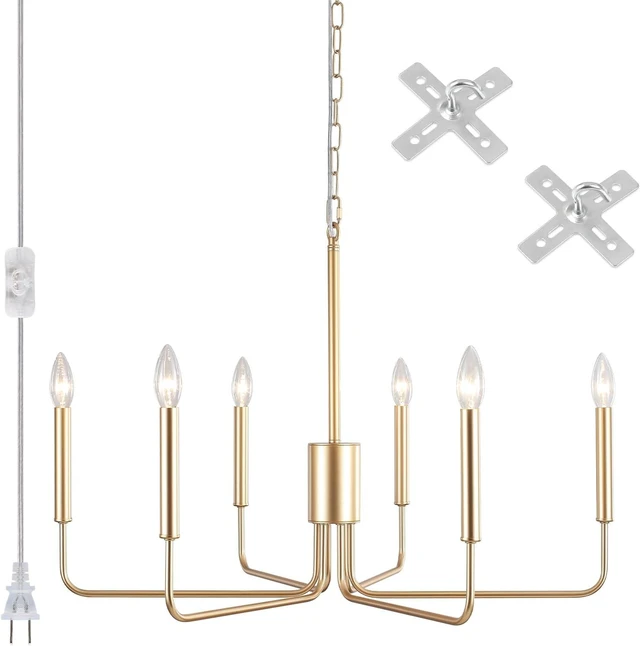 Main image of 6 Lights Plug in ChandelierGold Pendant Light Hanging Light Fixture 29"