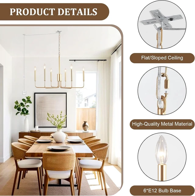 Alt view image 5 of 7 - 6 Lights Plug in ChandelierGold Pendant Light Hanging Light Fixture 29"