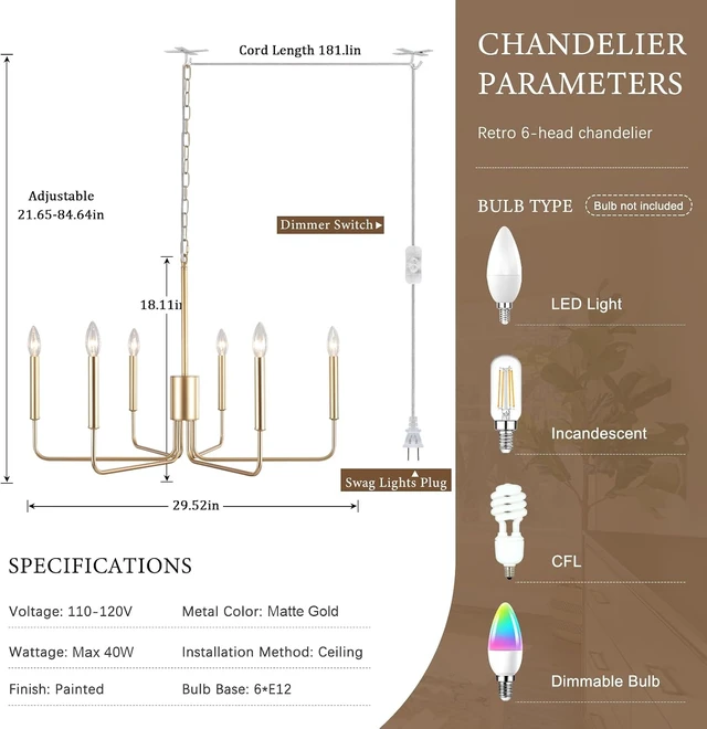 Alt view image 3 of 7 - 6 Lights Plug in ChandelierGold Pendant Light Hanging Light Fixture 29"