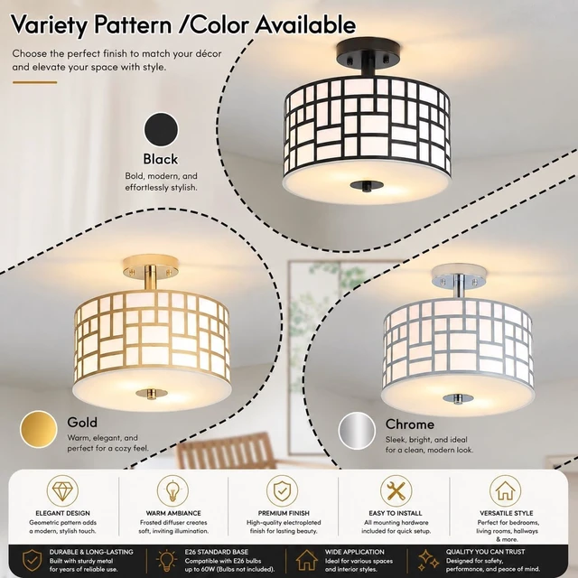 Alt view image 2 of 7 - Semi Flush Mount Ceiling Light Black Rectangle Pattern LED Light Fixture with Drum Shade Indoor Use Living Dining Room Kitchen Modern Chandelier Lamps Brushed Chrome Finish E26 Bulb Base