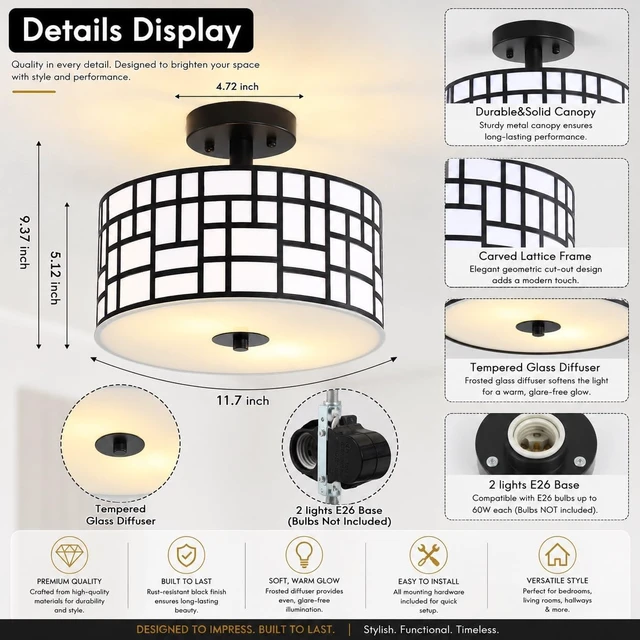 Alt view image 3 of 7 - Semi Flush Mount Ceiling Light Black Rectangle Pattern LED Light Fixture with Drum Shade Indoor Use Living Dining Room Kitchen Modern Chandelier Lamps Brushed Chrome Finish E26 Bulb Base