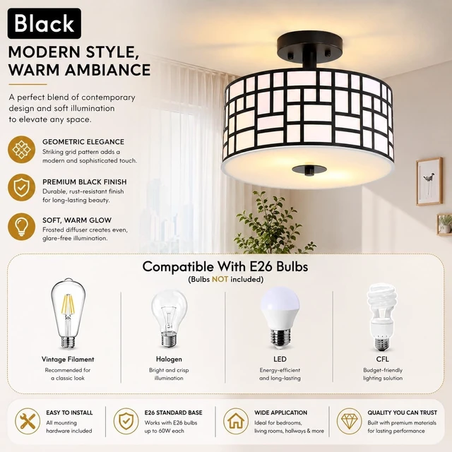 Alt view image 4 of 7 - Semi Flush Mount Ceiling Light Black Rectangle Pattern LED Light Fixture with Drum Shade Indoor Use Living Dining Room Kitchen Modern Chandelier Lamps Brushed Chrome Finish E26 Bulb Base