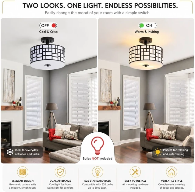 Alt view image 5 of 7 - Semi Flush Mount Ceiling Light Black Rectangle Pattern LED Light Fixture with Drum Shade Indoor Use Living Dining Room Kitchen Modern Chandelier Lamps Brushed Chrome Finish E26 Bulb Base