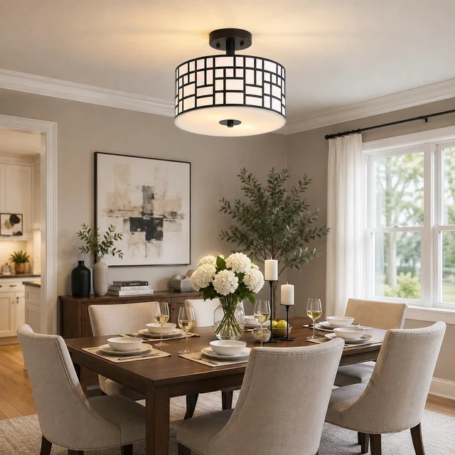 Alt view image 6 of 7 - Semi Flush Mount Ceiling Light Black Rectangle Pattern LED Light Fixture with Drum Shade Indoor Use Living Dining Room Kitchen Modern Chandelier Lamps Brushed Chrome Finish E26 Bulb Base